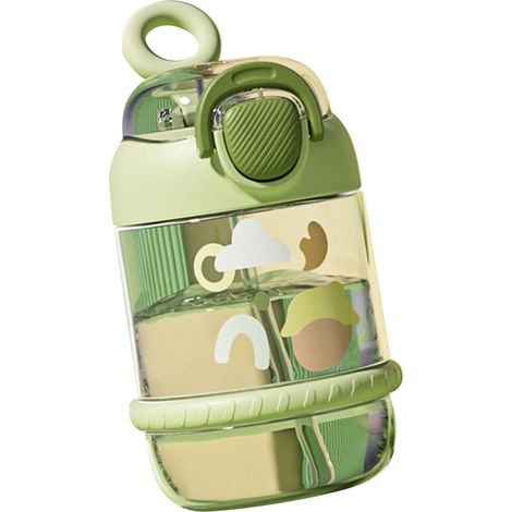 Gourde pour enfants 450 ml en plastique anti-fuite et anti-chute, portable et avec paille, idéale pour la maison, l'école et les voyages (vert). (1/5)