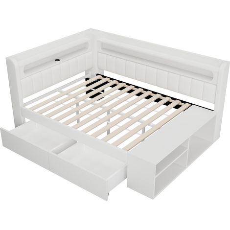 Cama tapizada 90x200 cm con USB y LED, zapatero y 2 cajones, blanco HOMVRA (1/5)
