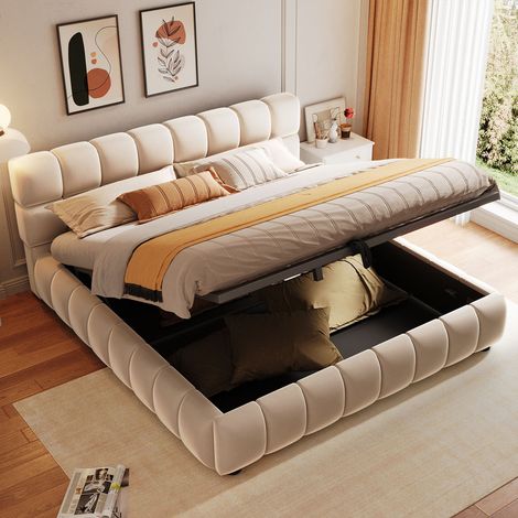 Lit coffre capitonné 140 x 200 cm - lit double - Velours - Beige (matelas non inclus)