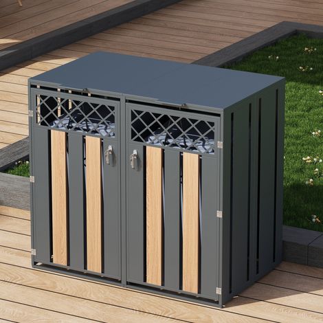 Mülltonnenbox für 2 Tonnen 132x80x118.5cm mit hydraulischem Klappdeckel und Schloss verzinkter Stahl Industrie-Design Grau und Holzoptik