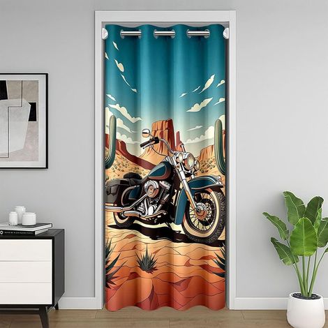 Rideau de porte vintage de moto - 86 x 203 cm - Motif jeu de course du désert - Pour extérieur - Cactus occidental - Pour chambre à coucher - 86L X 203H cm (1 Panneaux) (1/5)
