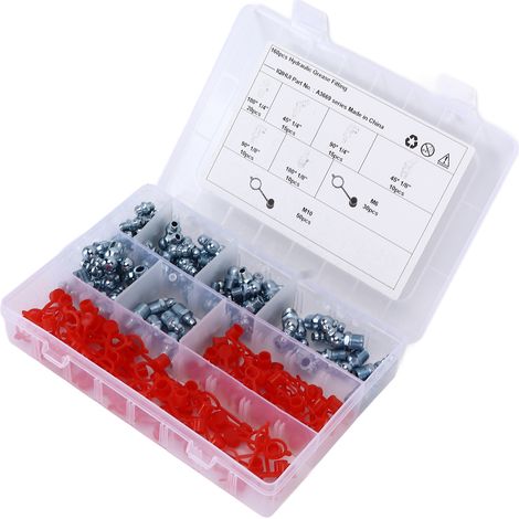 Lot de 160 raccords de graissage hydrauliques, 6 tailles, coudes droits hexagonaux pour voitures, motos, camions et tracteurs (1/5)