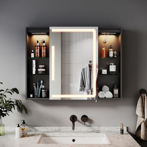 ELEGANT Bathroom Mirror Cabinet 800x600mm with LED Light Demister Shaver Socket Dimmable, Open Storage Design Bathroom LED Mirror
