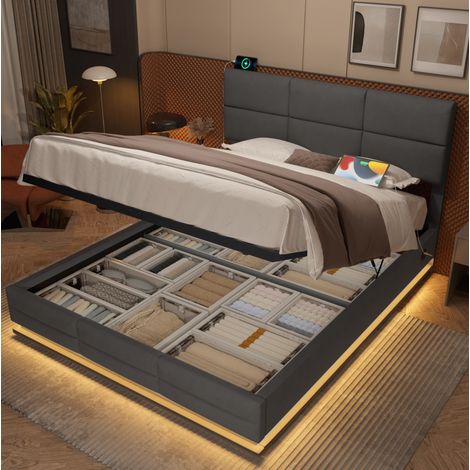 Cama con almacenaje 180x200 cm gris oscuro en terciopelo con LED, USB y cabecero regulable (1/5)