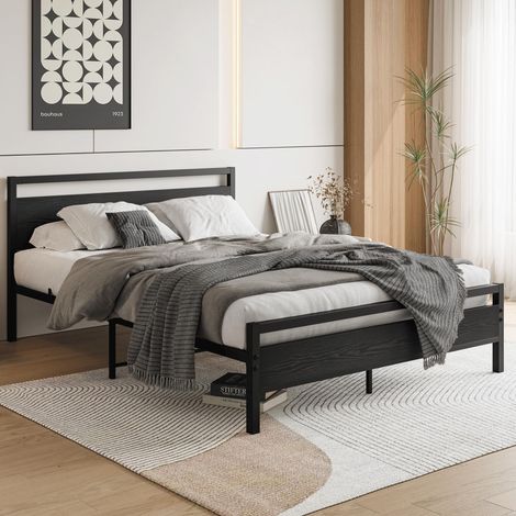Cama 140x200 cm de metal y MDF con somier y espacio de almacenaje, negro OKMYHOME (1/5)