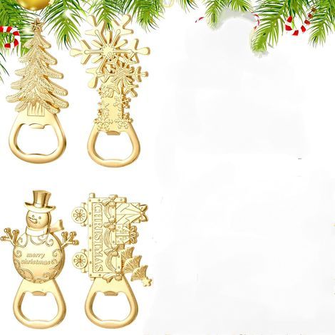 Weihnachtliche Flaschenöffner – Weihnachtsbaum, Schneemann, Schneeflocke, Zug, ideal für die Weihnachtszeit – 4er-Set, Gold (1/5)