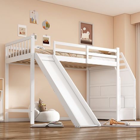 Lit mezzanine enfant 90x200 blanc avec échelle et toboggan (1/4)