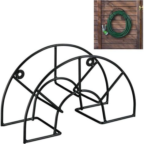 Support tuyau d’arrosage, pour 45 m & 5/8", enrouleur, dévidoir, acier, montage mural, rond, jardin, noir (1/5)