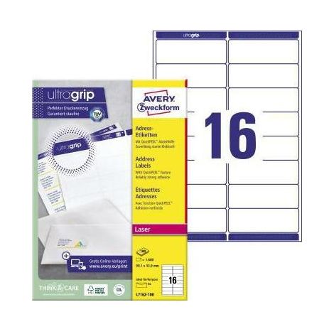 AVERY ZWECKFORM Adressetikett Avery Zweckform ultragrip 99,1 x 33,9 mm (B x H) Papier weiß 1.600 Etik./Pack. (1/4)