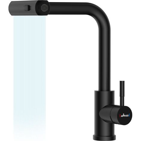 Robinet cascade noir robinet de cuisine cascade avec douchette extractible, robinets d'évier en acier inoxydable avec 3 fonctions, pivotant à 360 °, robinet mitigeur de cuisine 1 trou (1/5)