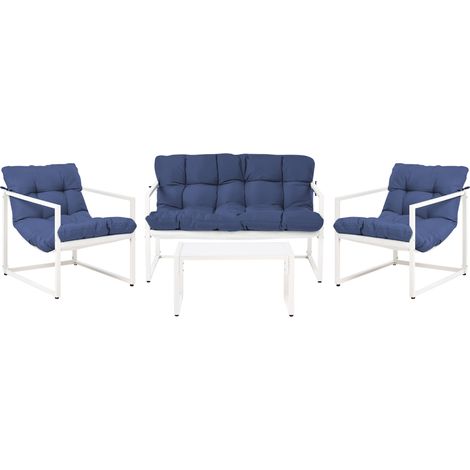 Conjunto de jardín moderno de 4 plazas de acero galvanizado con cojines azul Garda