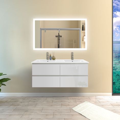 Ensemble de meubles de salle de bain Brillance Blanc 120cm, Vasque Céramique + Miroir Lumineux Mural (1/5)