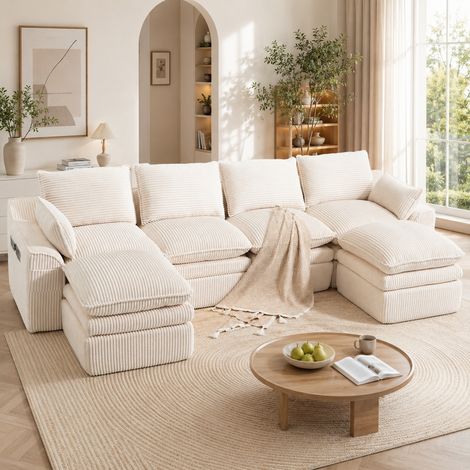 Canapé d'angle en U avec coussins et deux poches latérales,canapé 4 places en velours côtelé,mousse 3 couches + âme ressorts,Beige