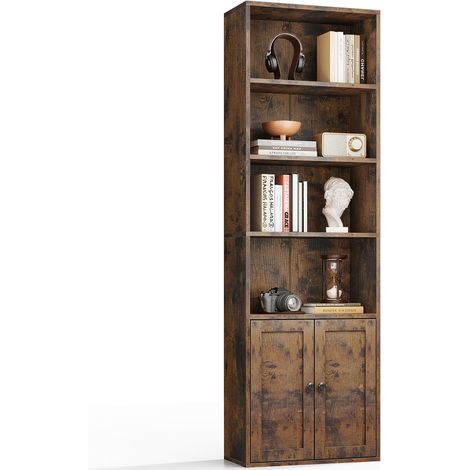 Bibliothèque 6 Niveaux avec Portes, Meuble Rangement 176cm Marron Assemblage Facile 176x48x24cm Étagères Tablettes Réglables Anti-Basculement 80-120 Livres Salon Chambre Bureau (1/5)