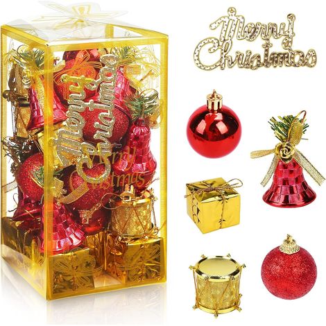 Boule De Décoration De Noël - Lot De 32 Pièces En Plastique Résistant - Rouge Et Or - Diamètres 3,5 cm À 7,6 cm - Pour Arbre De Noël (1/5)