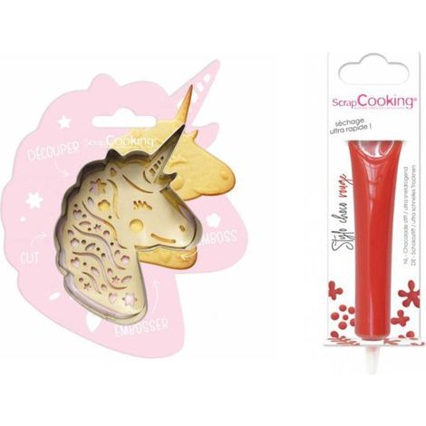 Kit pour biscuit en relief Licorne + Stylo au chocolat rouge