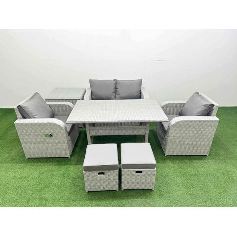 Fimous Light Grey PE Wicker Rattan Garden Furniture Set Sofa Set Reclining Chair Rectangular Dining Table 6 Seater 2 Small Stools Side Table (1/5)