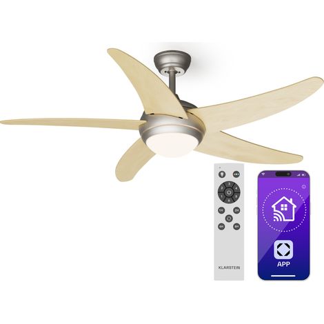 Klarstein Bolero - Ventilatore a soffitto 2 in 1, 132 cm, lampada da 55W, telecomando, controllo con app, 2 sensi di rotazione