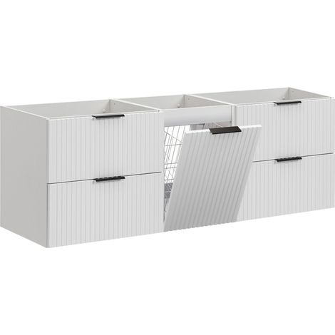 Furnidea - Meuble suspendu sous vasque avec panier à linge ADEL BLANC 160 cm - 4 tiroirs - Façades rainurées (1/5)