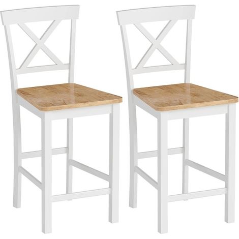 Lot de 2 tabourets de bar avec dossier et repose-pied, en caoutchouc bois, adaptés pour cuisine, salle à manger et bar, tons chêne et blanc (1/5)