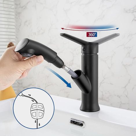 Robinet de salle de bain noir avec douchette extractible, mitigeur de lavabo extractible pour salle de bain (1/4)