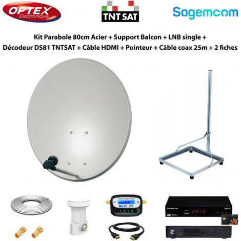 Kit Parabole 80cm Acier + Support Balcon + LNB single + Décodeur DS81 TNTSAT + Câble HDMI + Pointeur + Câble coax 25m + 2 fiches F (1/5)