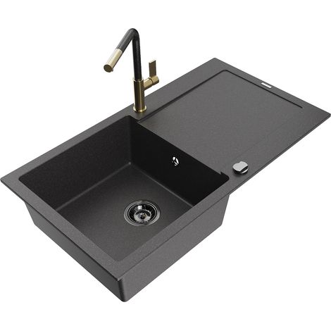 Mexen Leo fregadero de granito de 1 cuenco con escurridor y grifo de cocina Flora, negro moteado - 6501-76-670401-75-B (1/5)