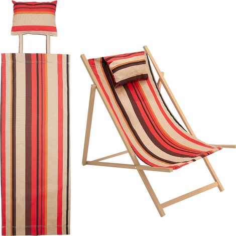 Chaise de Plage en Coton de Rechange en Toile à Rayures Rouges et Jaunes pour Chaise Longue en Tissu Toile Inclinable de Remplacement avec Oreiller pour Jardin et Cour (1/5)
