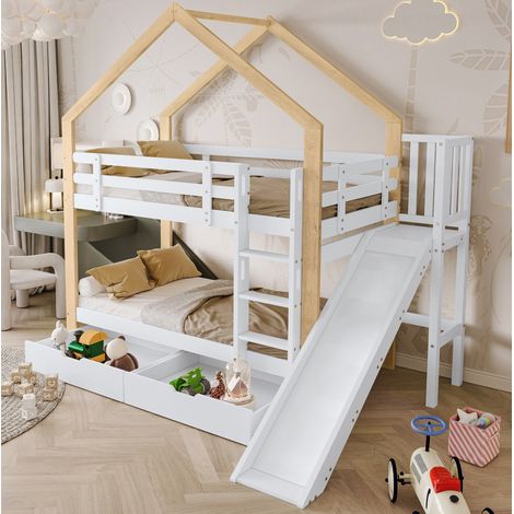 Etagenbett 245x164x223 cm Weiß/Natur, Rutsche, platzsparend, ohne Matratze – MEUBLIV (1/5)