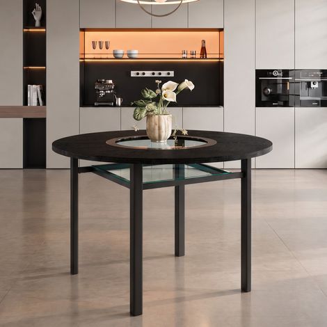 Table à Manger Ronde 100 cm 2 à 4 Personnes Plateau MDF Noir Effet Bois Insert Verre Gris et Pieds Métal avec Étagère (1/5)