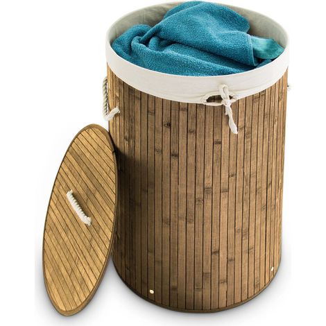 Relaxdays Folding Round Laundry Basket, 41 cm Diameter, 65 cm Tall, Foldable, Volume of 80 L, with Cotton Laundry Sack, Natural Brown