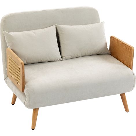 Canapé Convertible 2 Places, Canapé-Lit 3 en 1 Chenille 103cm, Dossier Réglable, 2 Oreillers, Accoudoirs en Bois, Crème (1/5)