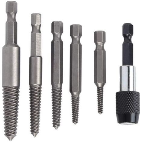 Lot de 6 Extracteurs de Vis sans Tête, Ensemble Extracteur de Goujon Forets à vis outil de retrait de goujons Tourne a Gauche Extracteur avec Mandrin à Changement Rapide