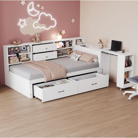 Letto singolo 90x200 cm bianco in legno con contenitore per cameretta – MEUBLIV (1/5)