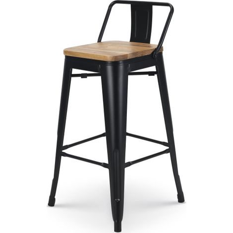 Kosmi – Tabouret de bar métal noir mat 66cm – Dossier et assise bois clair – Style industriel pour îlot de cuisine