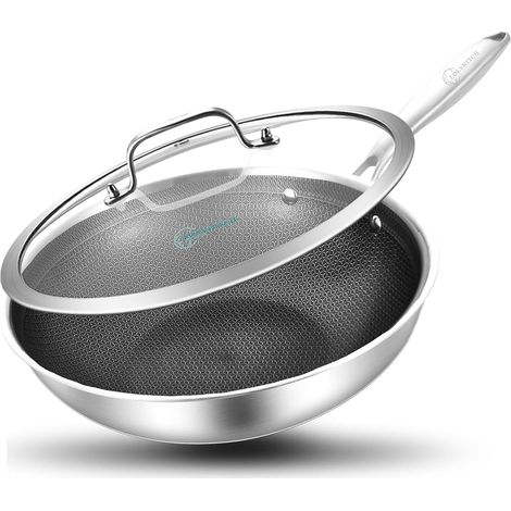 Wok Inox 26cm, Poêle Wok Tri-Ply avec Motif Nid d'Abeille Couvercle en Verre, Compatible Induction,four et lave-vaisselle, Sans PFAS/PFOA,facile à nettoyer (1/5)