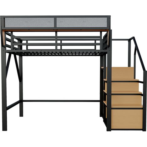 Lit mezzanine 140x200 avec échelle de sécurité et compartiment de rangement flexible, lit en métal pour adultes et enfants, noir (1/5)
