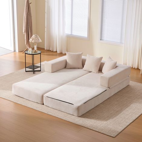 Sofá modular 198x79x60 cm de tela beige con almacenaje para salón FloraGrace (1/5)