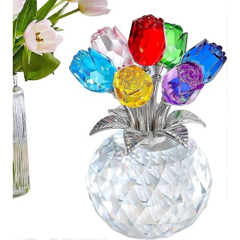 Sculpture florale en cristal coloré - Décoration romantique en forme de rose, verre soufflé à la main Ornement vibrant pour la maison, la table ou la cheminée, Amour étincelant (1/5)