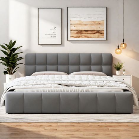 Lit capitonné 140x190 cm avec sommier à lattes, Lit Bubble 140x190 avec tête de lit rembourré, Lit 2 places pour adulte adolescent, Tissu Lin, Gris (1/5)