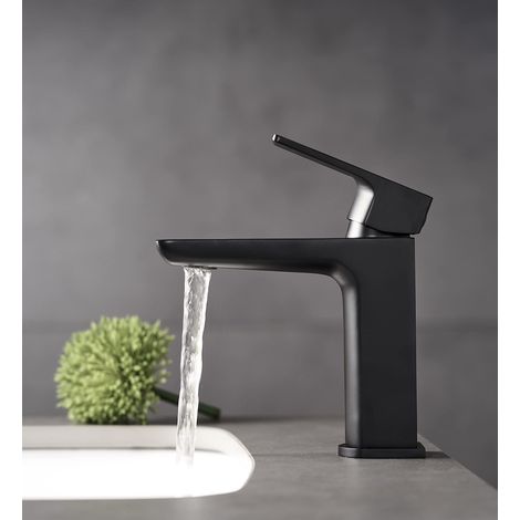 Robinet mitigeur monocommande pour lavabo avec bonde à ressort clic-clac Robinet chaud et froid en laiton massif moderne noir mat facile à installer (1/3)
