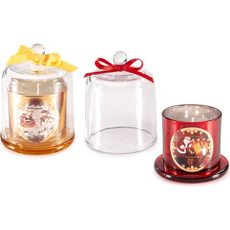 Candele di Natale profumate in campana di vetro con decoro natalizio e fiocchetto, set da 4 pezzi, Ø 8,5 cm x 11 H