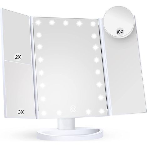 Miroir cosmétique Miroir cosmétique avec lumière grossissement 2X 3X 10X avec miroir cosmétique éclairé miroir cosmétique tactile pliable à trois volets miroir cosmétique portable à LED double aliment (1/4)
