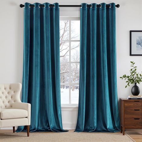 Set of 2 Semi-Blackout Velvet Curtains with Eyelets 140 x 225 cm Blue Modern Decorative Soft Velvet Thermal Blackout Curtain for Living Room Bedroom (1/5)