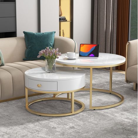 Mesa baja nido redonda de 2 piezas, efecto mármol blanco brillante, MDF, metal dorado HAVRYA (1/5)