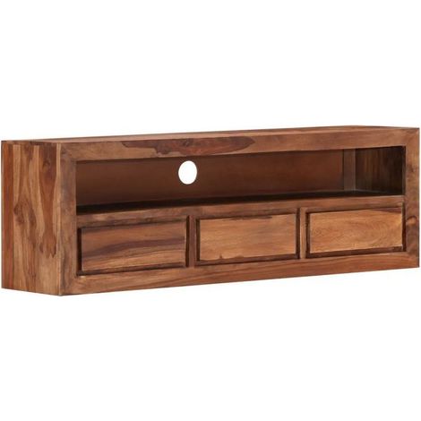 Meuble TV 3 tiroirs sesham massif foncé Vizzia 120cm (1/4)