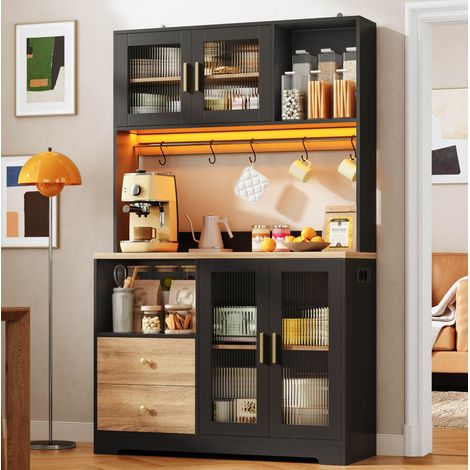 Meuble de cuisine haut 178 cm avec LED, prises USB et portes en verre trempé noir OKMYHOME (1/5)