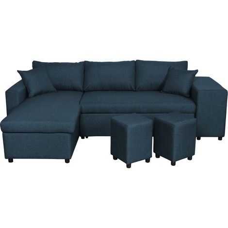 Canapé d'angle réversible OSLO avec coffre et poufs droit en tissu bleu (1/5)