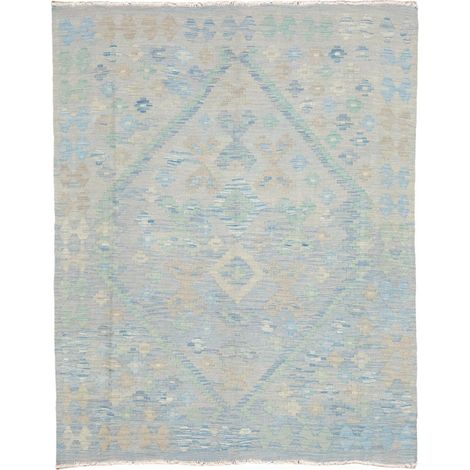 Tapis d'orient 158 x 293 cm, motif géométrique, bleu, beige et vert, en laine naturelle, tissé plat authentique (1/5)