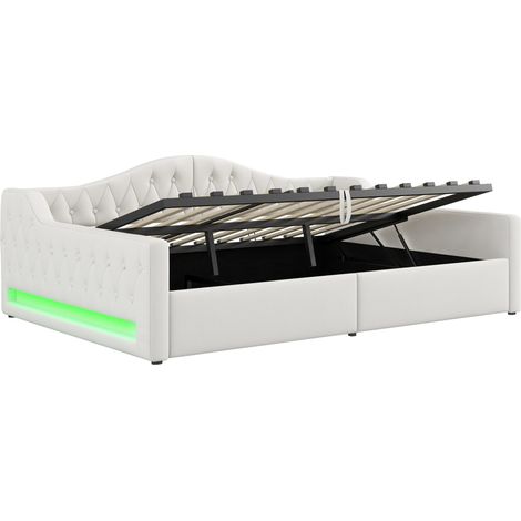 Letto da giorno capitonné 140 x 200 cm beige con LED e spazio contenitore (1/5)